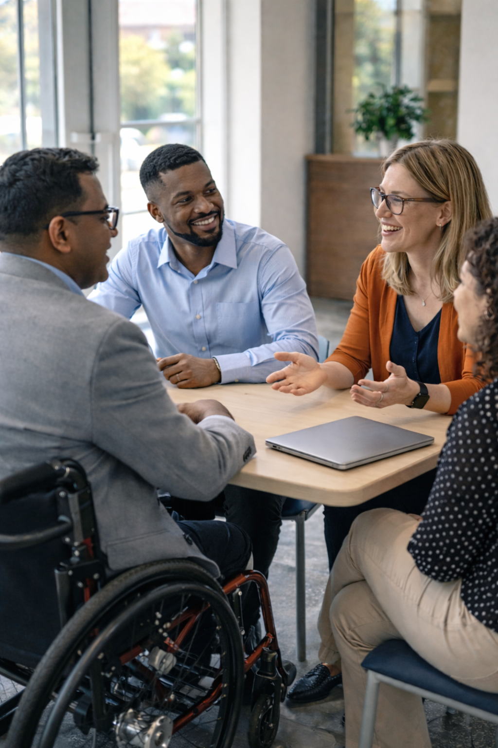 A diverse group of professionals, including a man using a wheelchair, engaged in a collaborative discussion around a table